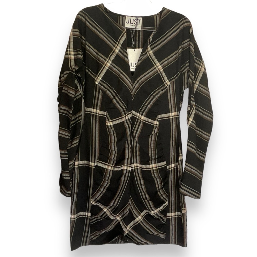 JUST Female Dress Cassio Black Brown Plaid Longsleeve Summer Midi Size Small NWT